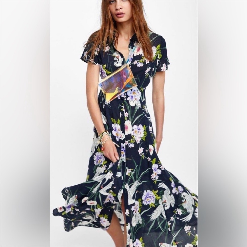 ZARA Navy Crane Print Button-down Maxi Dress Sz S New Floral Print